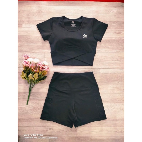 Bộ tập gym nữ, đồ tập yoga erobic nữ áo xoắn bụng có mút quần đùi có túi chất đẹp thoáng mát