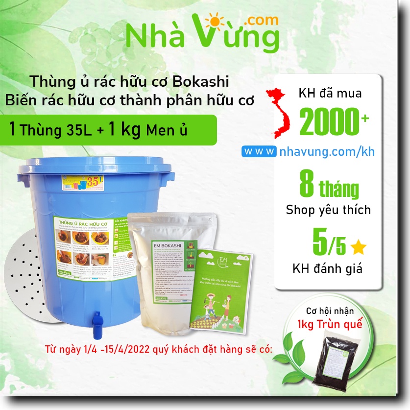 [Mã LIFEHL50K giảm 10% đơn 200K] Thùng ủ rác hữu cơ thành phân hữu cơ EM Bokashi - Nhà Vừng (1 thùng 35L + 1 túi)