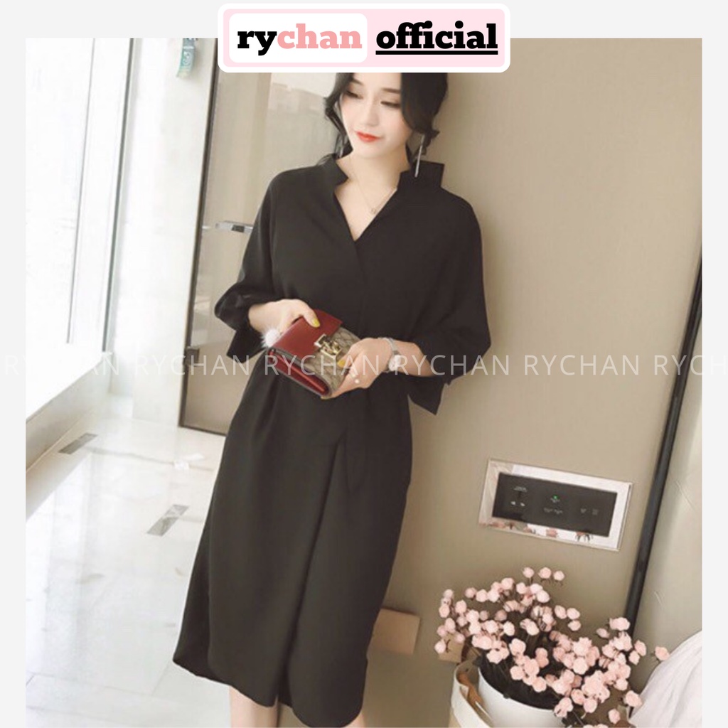 DS696 - Đầm Suông Đen Cột Nơ Eo