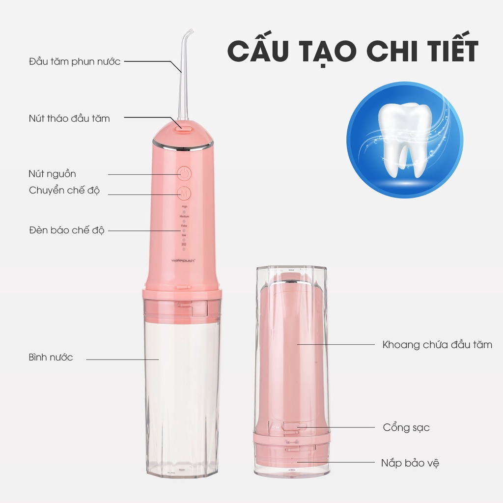 Combo Máy tăm nước Du Lịch WaterPush 1903 màu Hồng + Kem đánh răng Phoca chính hãng Thái Lan