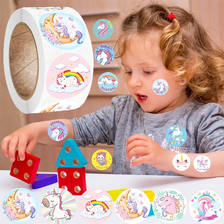 Sticker khen thưởng cho bé, cuộn 500 sticker Unicorn với nhiều họa tiết đáng yêu cho bé trang trí Baby-S – SST014