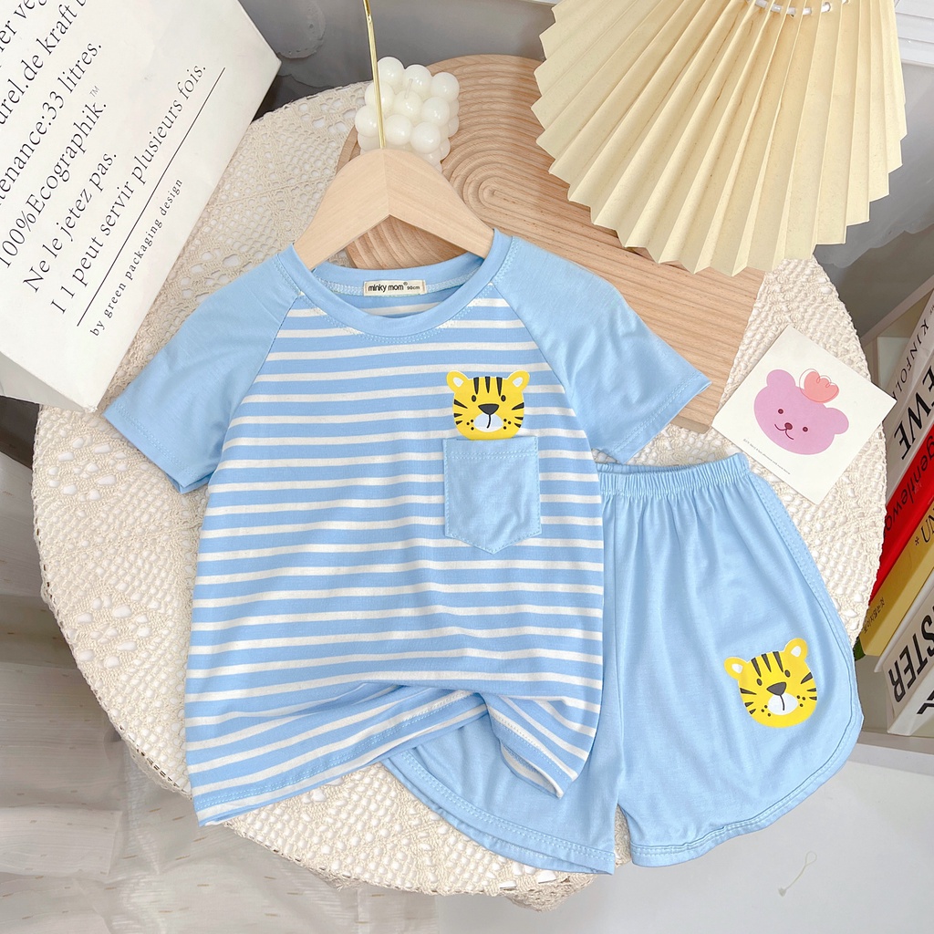 Bộ cộc tay cho bé trai bé gái, Bộ cộc tay Minky mom chính hãng thun lạnh vải sọc dệt có túi cho bé từ 7-28kg