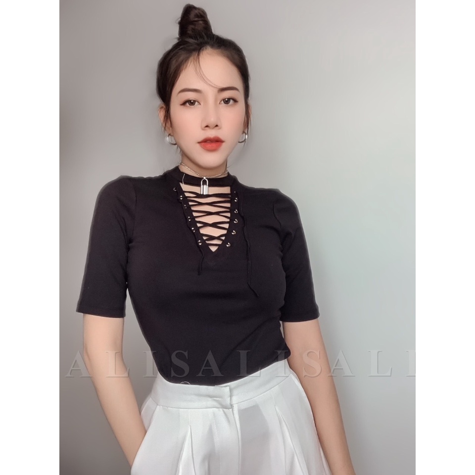 [Hình Thật] Áo Thun Cổ Lọ Đan Dây Ngực Form Ôm BoDy Siêu đẹp