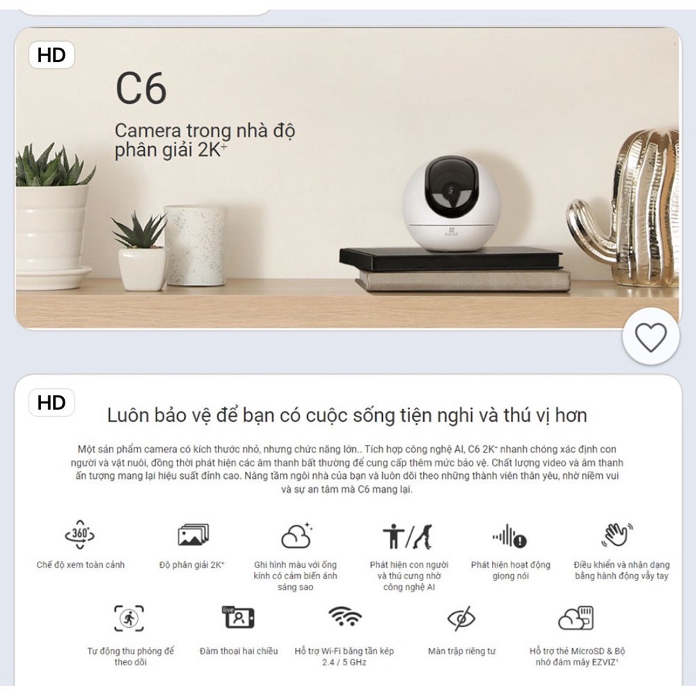 Camera IP Wifi Trong Nhà Ezviz C6 4MP/2K+  Xoay 360 độ, Đàm Thoại 2 chiều, Điều khiển và nhận dạng hành động - BH 24 TH