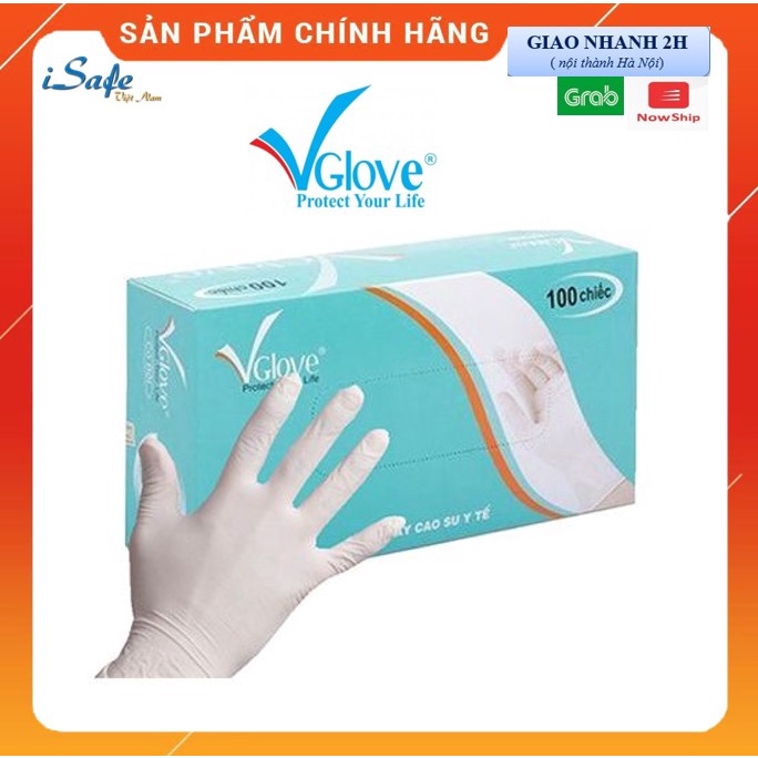 Găng tay cao su y tế màu trắng Vglove chính hãng, làm từ latex không gây kích ứng da. Hộp 100 găng tay y tế có bột