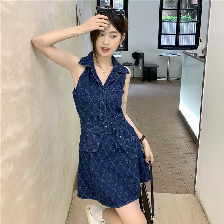 Đầm Denim Sát Nách Cổ Bẻ Nhấn Eo Thời Trang Mùa Hè Phong Cách Hàn Quốc Mới