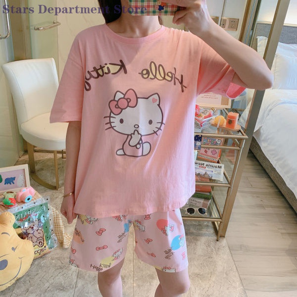 Bộ Đồ Ngủ Pijama Ngắn Tay In Hình Hello Kitty Dễ Thương Cho Nữ