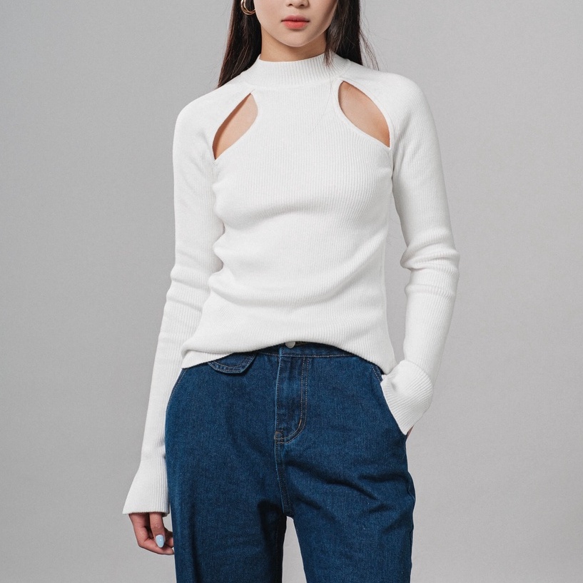 Áo dệt kim nữ tay dài SSSTUTTER có khoét kiểu vai hàn quốc LADY KNIT