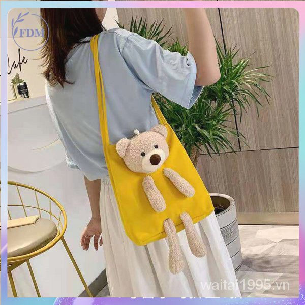 Túi tote đeo vai bằng vải sức chứa lớn hình gấu dễ thương thời trang
