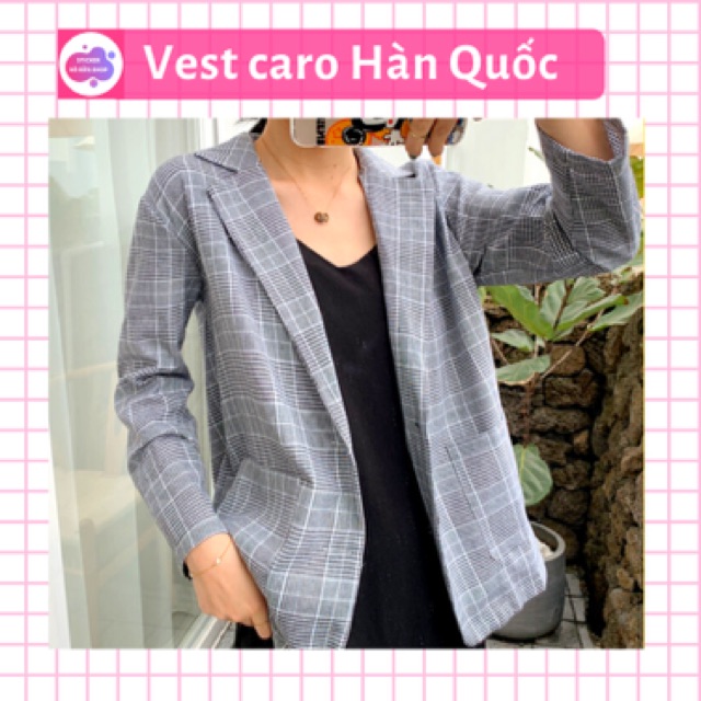 Áo khoác Blazer áo vest caro Hàn Quốc sang chảnh áo vest freesize xám / nâu kẻ tinh tế