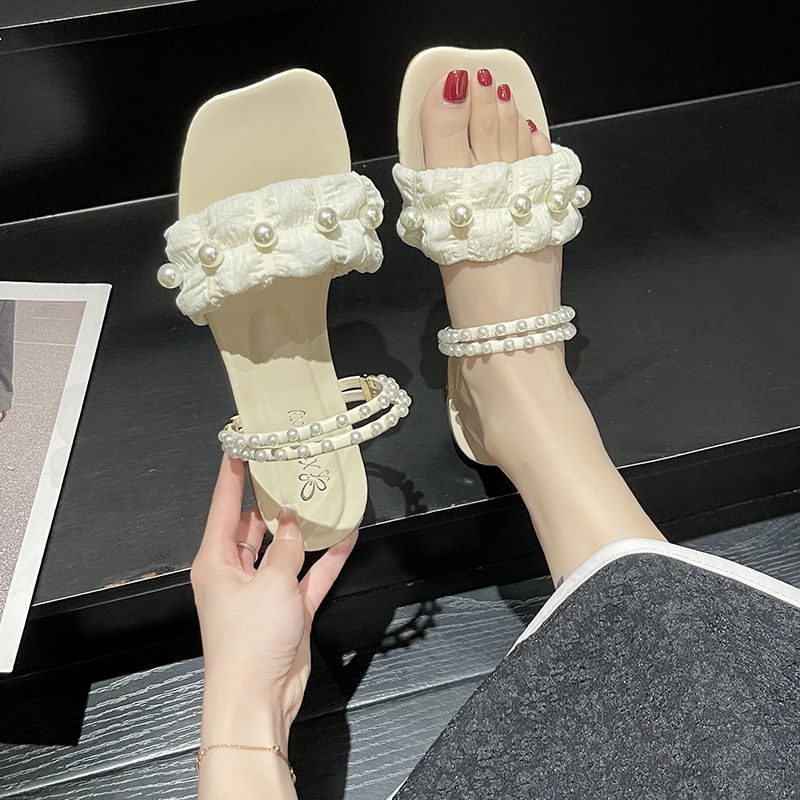 Dép Sandal Đế Bằng Quai Ngang Đính Ngọc Trai Thời Trang Mùa Hè Dành Cho Nữ