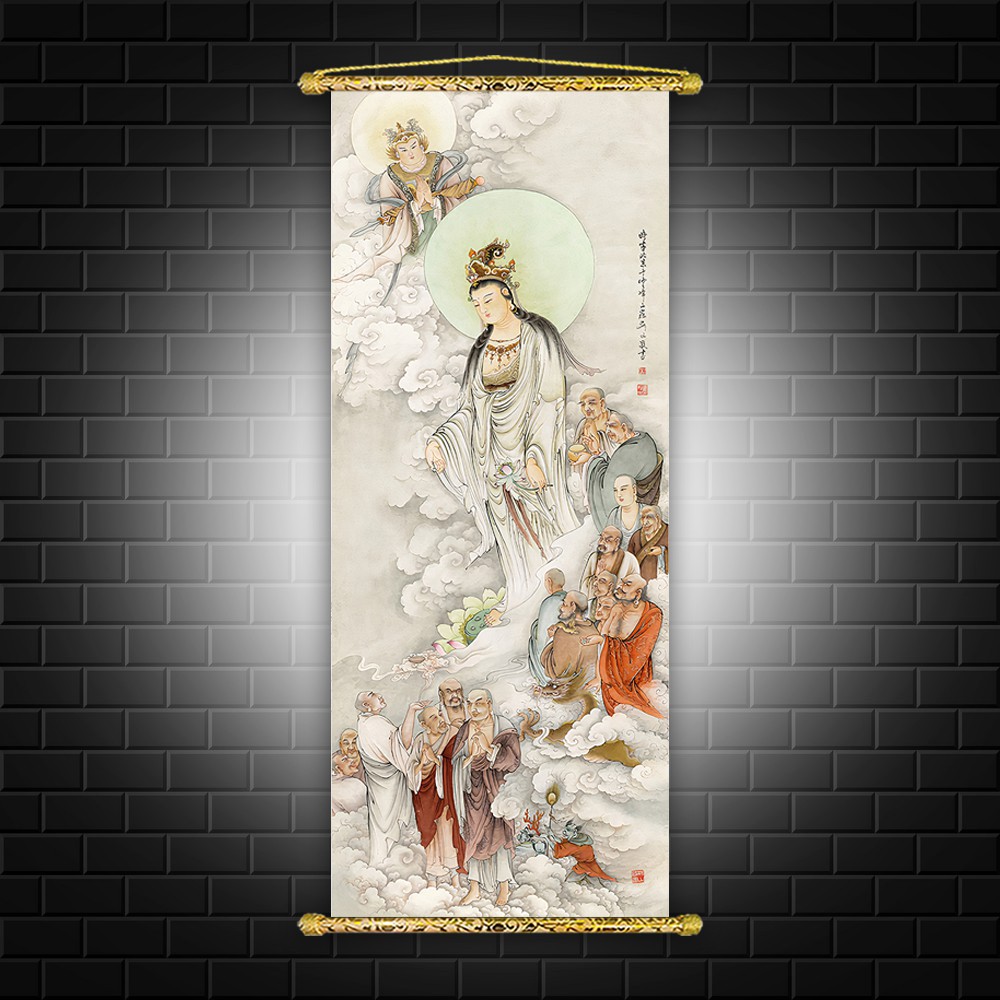 Tranh Liễn Phật Giáo - Quan Thế Âm Bồ Tát ,vải canvas nẹp sáo gỗ, Nhiều Mẫu Lựa chọn,kích thước đa dạng -GIÁ XƯỞNG