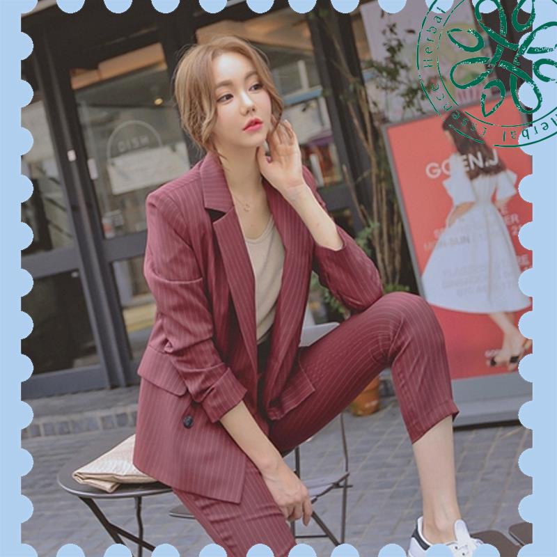 Set Áo Khoác Blazer Tay Dài + Quần Dài Kẻ Sọc Thời Trang Công Sở Thanh Lịch Cho Nữ