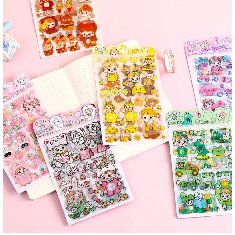 Sticker cute, Set 4 tấm sticker hình dán cute trang trí dán sổ, dán laptop, dán mũ bảo hiểm