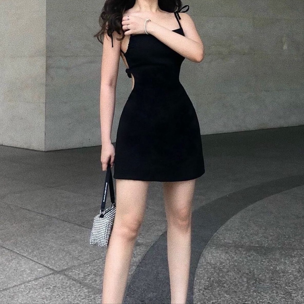Váy đầm yếm 2 dây ôm body nữ dáng xòe hở lưng cột nơ thun borip xịn thích hợp đi chơi
