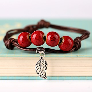 Vòng Tay Hạt Gốm - 4 hạt đính lá [ HANDMADE ]