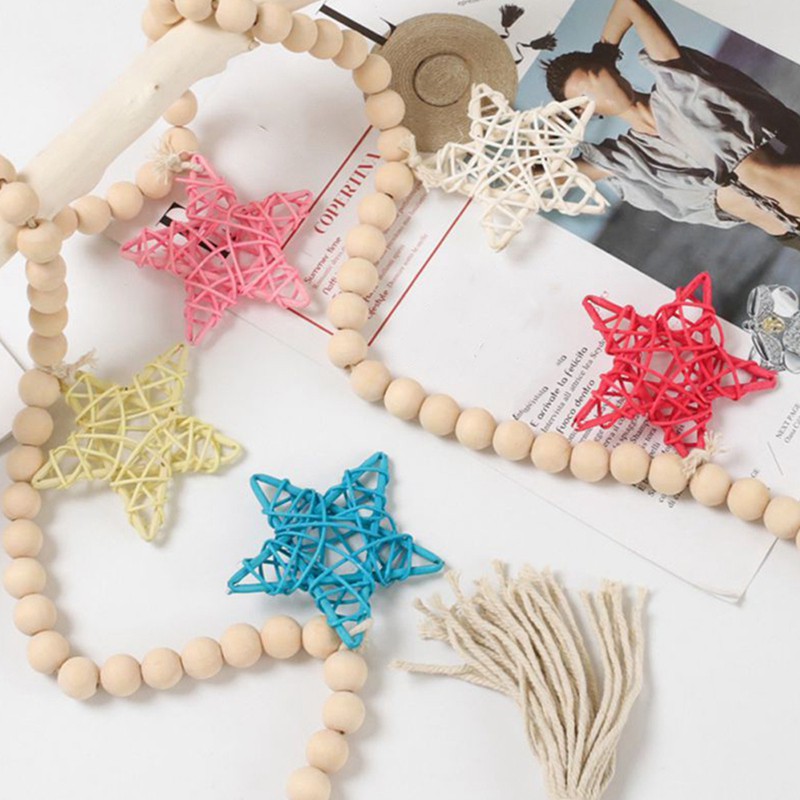 Handmade Woven Wood Bead Garland with Rattan Stars Wall Decoration