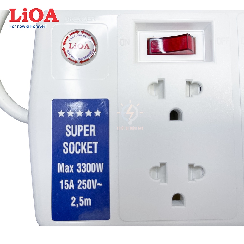 Ổ cắm điện công suất lớn, ổ cắm chịu tải 3300W, cao cấp, LIOA, 6 ổ cắm đa năng, 3 công tắc, 6SS2.5-2