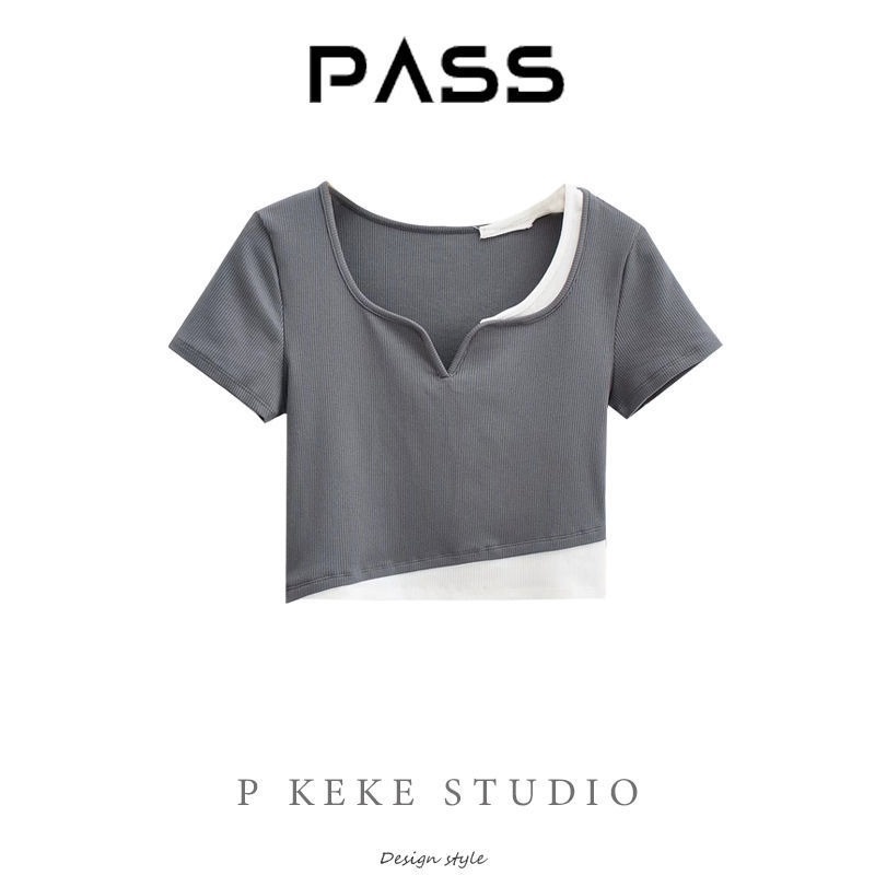Áo Thun Croptop Ngắn Tay Giả Hai Lớp Thiết Kế Thời Trang Cho Nữ