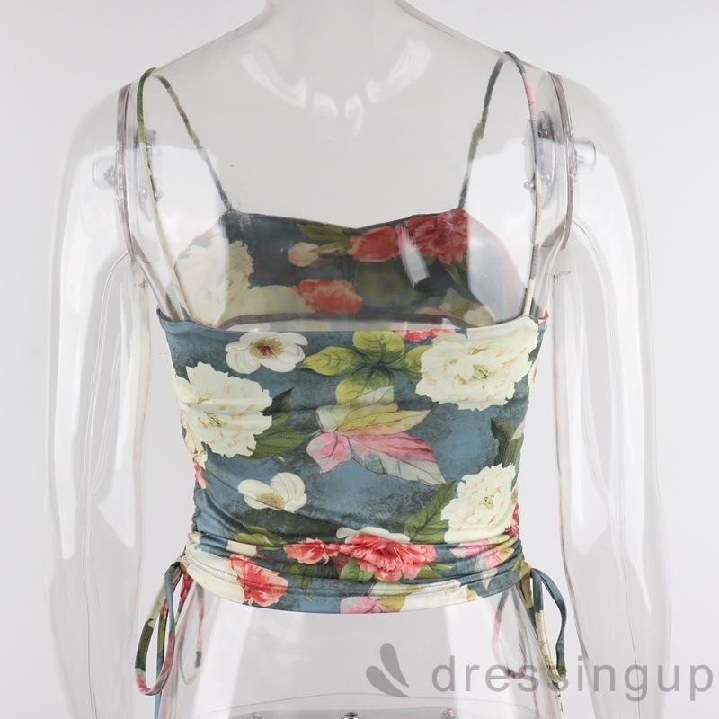 Áo Hai Dây In Hoa Thiết Kế Dây Rút Cá Tính Cho Nữ