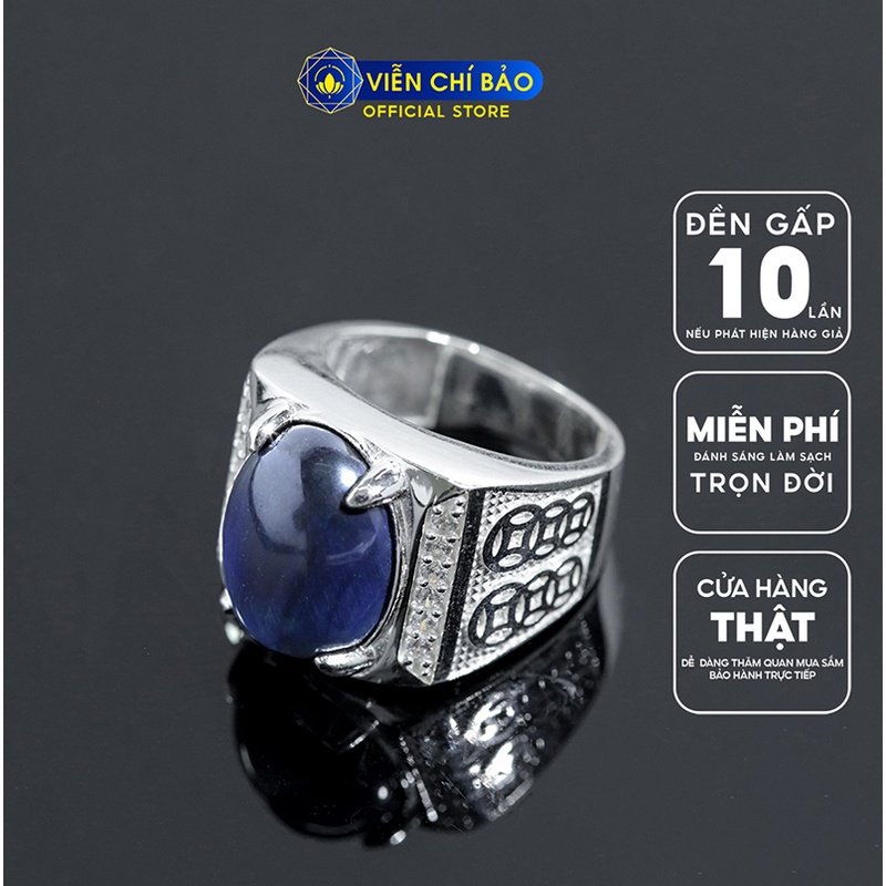 Nhẫn nam đá mắt hổ xanh kim tiền chất liệu bạc 925 thời trang phụ kiện trang sức nam Viễn Chí Bảo N300711