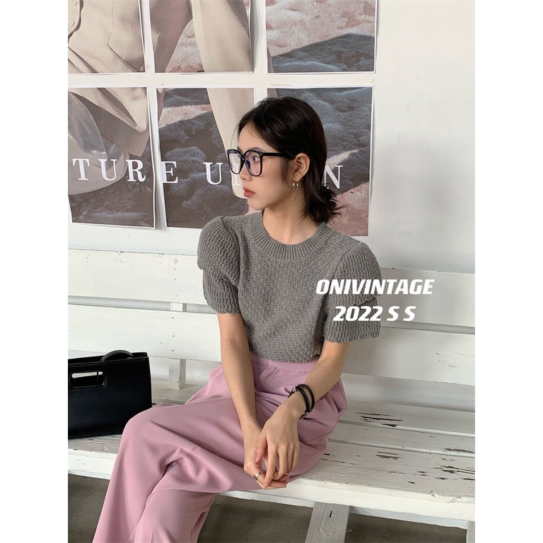 Áo Dệt Kim Mỏng Cổ Tròn Tay Phồng Phong Cách Hàn Quốc Mới