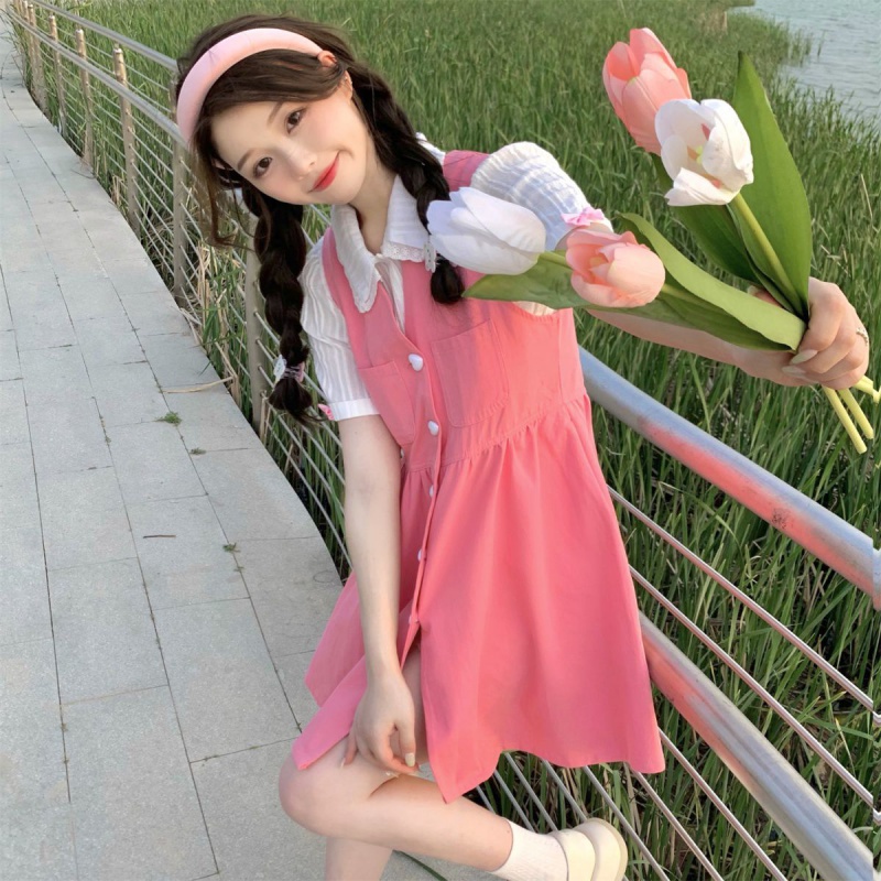 Đầm chân váy jean Bộ Áo Sơ Mi Tay Phồng + Đầm Yếm Denim Xinh Xắn Dành Cho Nữ