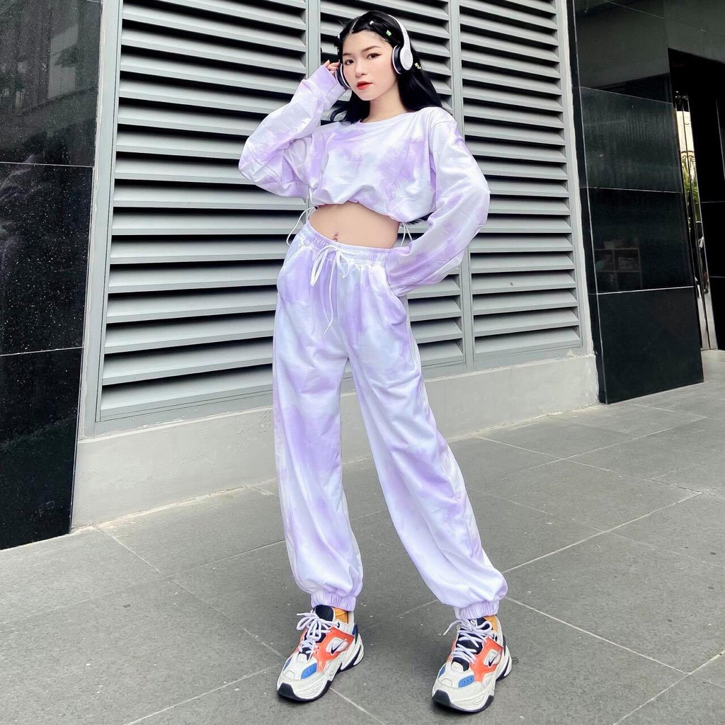 Set Bộ Áo Croptop Dây Rút Loang Màu Tay Dài Phối Quần Jogger 3D Ulzzang Dáng Rộng - MM