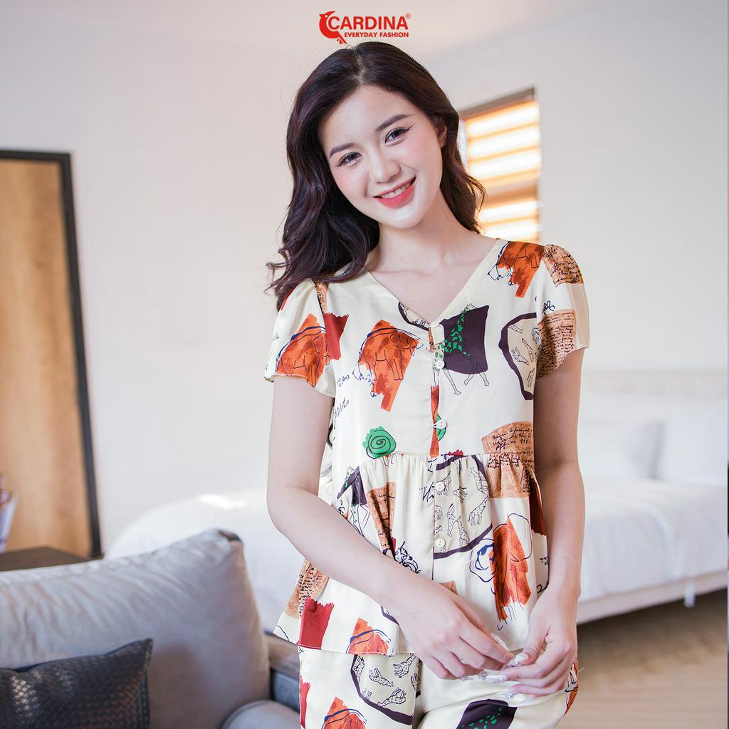 Đồ Bộ Nữ 𝐂𝐀𝐑𝐃𝐈𝐍𝐀 Chất Lụa Satin Cao Cấp Cổ V Áo Cộc Tay Quần Đùi Nhún Eo Nữ Tính 3SF02