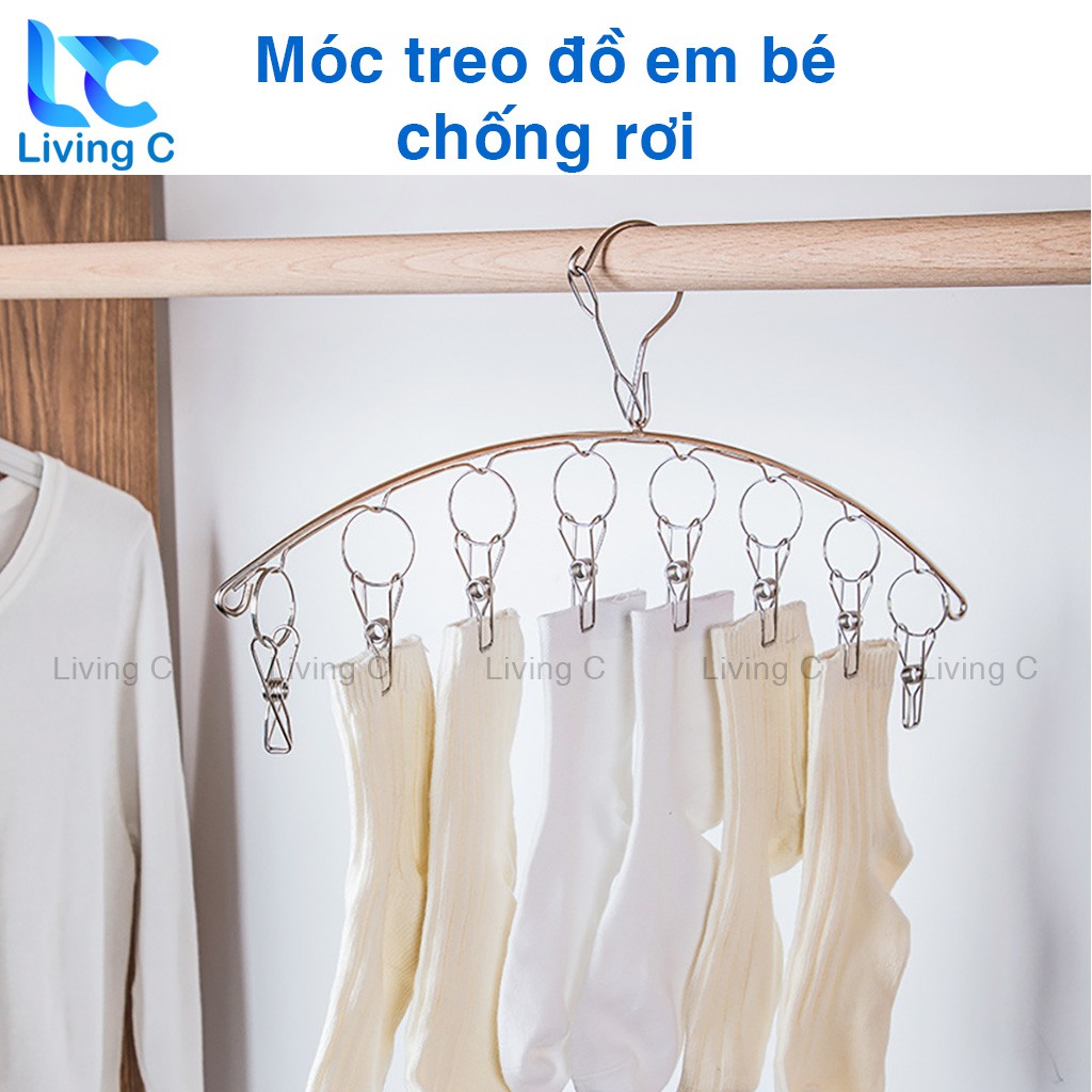 Móc treo quần áo trẻ em Living C , móc Inox treo tất vớ đồ lót 8 kẹp chống rơi _M39