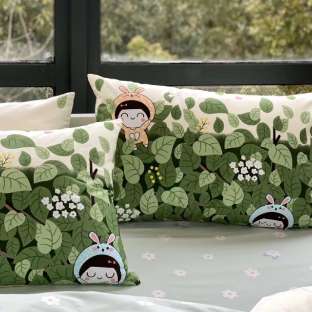 Bộ Chăn Ga Gối Bé Gái Thỏ Cotton Poly