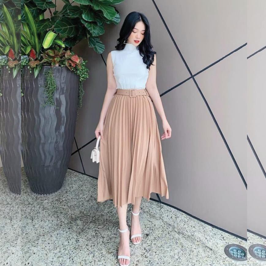 Chân váy xếp ly dài kèm đai hàng da lộn mịn mặc siêu xinh | BigBuy360 - bigbuy360.vn