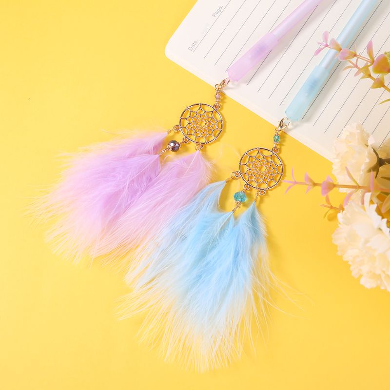 Bút Mực Gel Hình Dreamcatcher Đính Lông Vũ Pha Lê Trung Tính Cho Bé