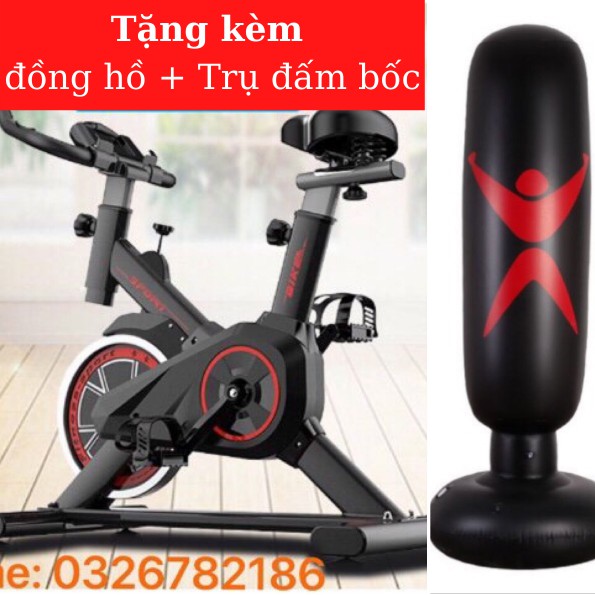 Xe đạp tập gym Spinning, màu đỏ đen Tặng kèm Đồng hồ+Trụ đấm bốc