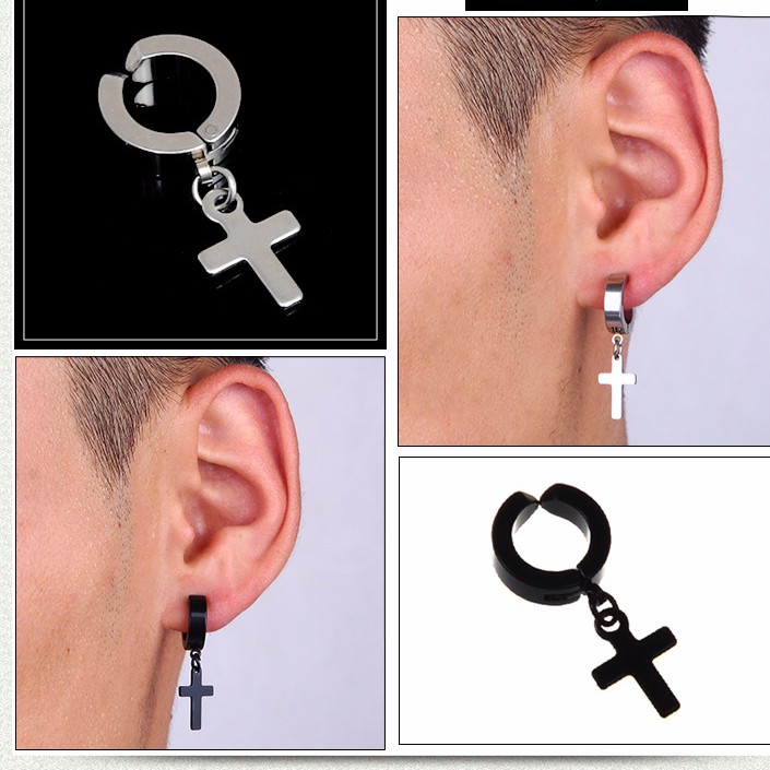 Khuyên tai titan thánh giá tòn ten không gỉ M02 có 2 loại xỏ lỗ và kẹp