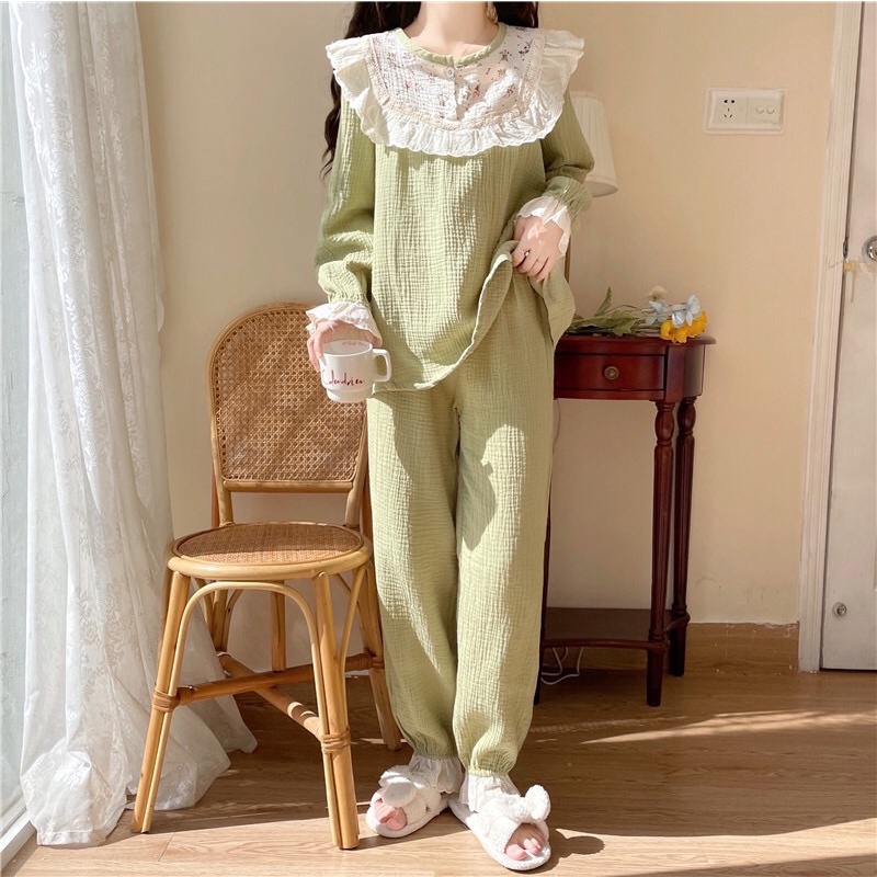Đồ Ngủ Pijama XÔ MUSLIN Hàn Quốc, Đồ Bộ Nữ Mặc Nhà Dài Tay Cổ Bèo Công Chúa Dễ Thương Ulzzang