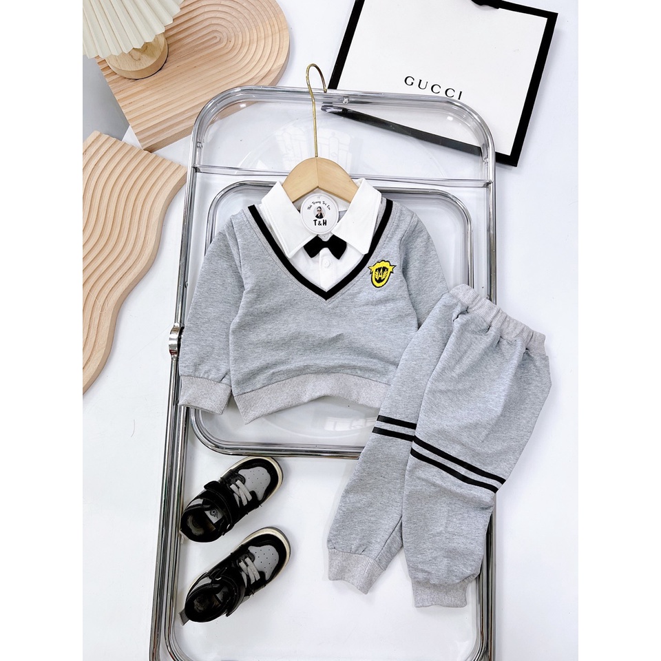 Bộ quần áo bé trai hot boy nơ cổ, Set áo polo dài tay cổ tim và quần dài bo gấu chất nỉ da cá cho bé 7-18 kg, SUN KID'S