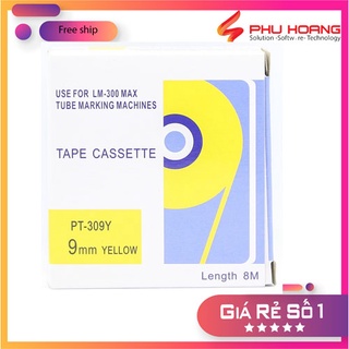 Băng in nhãn tương thích Max PT-309Y, rộng 9mm, dài 8m/cái, màu vàng, dùng cho máy in LM-370E, LM-380E, LM-380A, LM-390A
