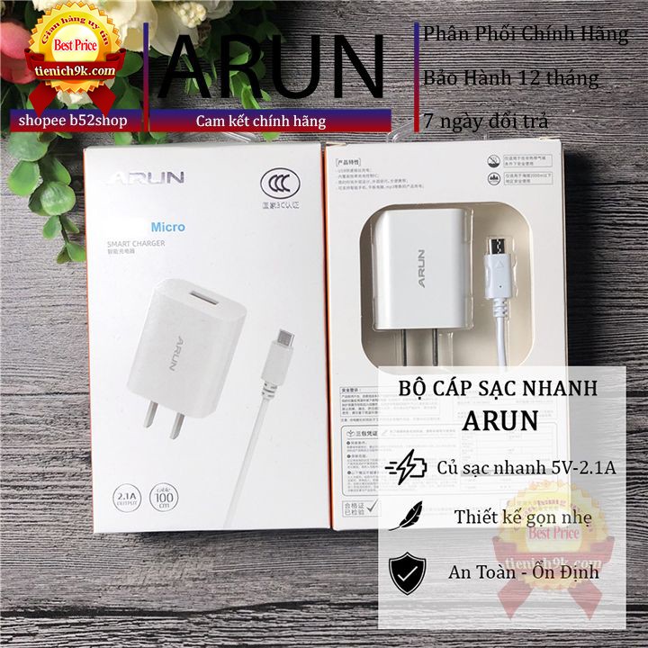 Bộ Củ sạc nhanh Arun kèm Dây cổng MicroUSb TypeC chân dẹt và ios điện thoại Iphone android