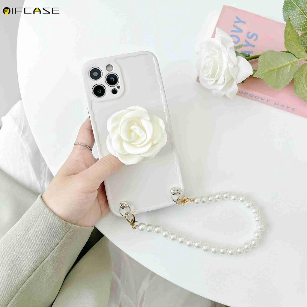 Ốp Điện Thoại Họa Tiết Hoa Trà Gắn Dây Đeo Ngọc Trai / Hồng / Trắng Cho iPhone 12 11 Pro Max XS Max XR X 7 8 Plus
