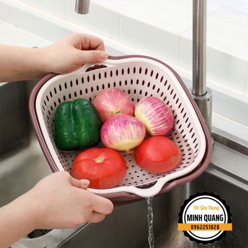 Bộ Thau Rổ 2 Lớp Vuông Nhựa Việt Nhật 6 Món, Bộ Rổ Kèm Chậu 2 in 1 Hứng Nước Rau Củ Quả