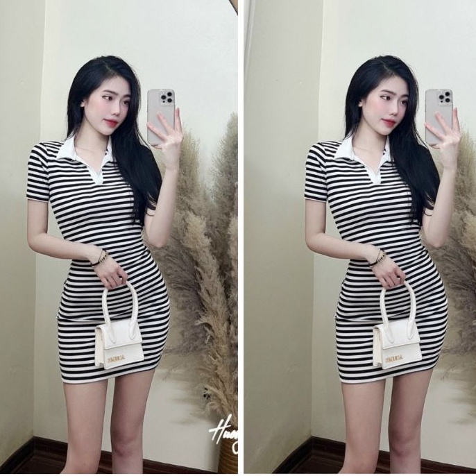 Váy Polo kẻ Body cổ đức ,Váy polo Nu siêu Tôn Dáng kì