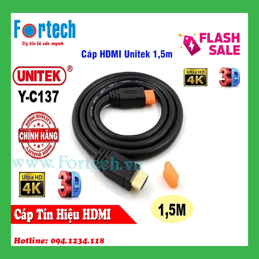 Cáp HDMI Unitek 1,5m Y-C137 - hỗ trợ 4K Ultra HD và 3D