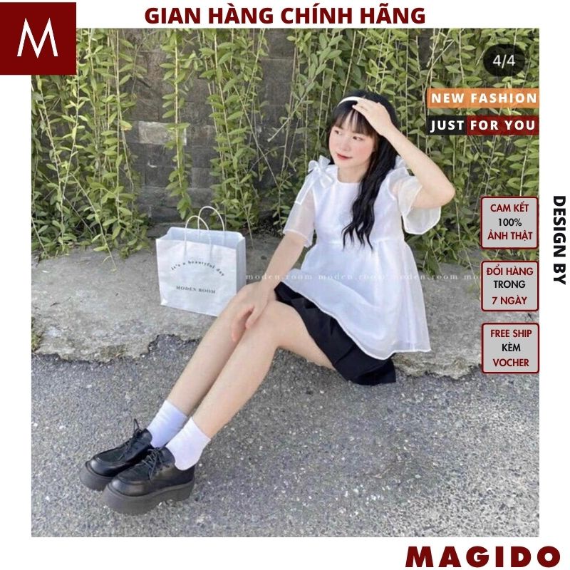Áo babydoll nữ voan tơ 2 lớp nơ vai kiểu dáng hàn quốc ulzzang tiểu thư bánh bèo dễ thương -MAGIDO