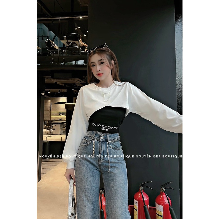 Set áo Phối Xích,Set áo kiểu croptop tay dài,LY STORE