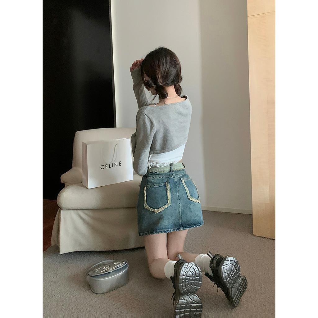 Lalisas Chân váy jean Ngắn Chữ A Lưng Cao Ghép Vải retro Thời Trang Cho Nữ