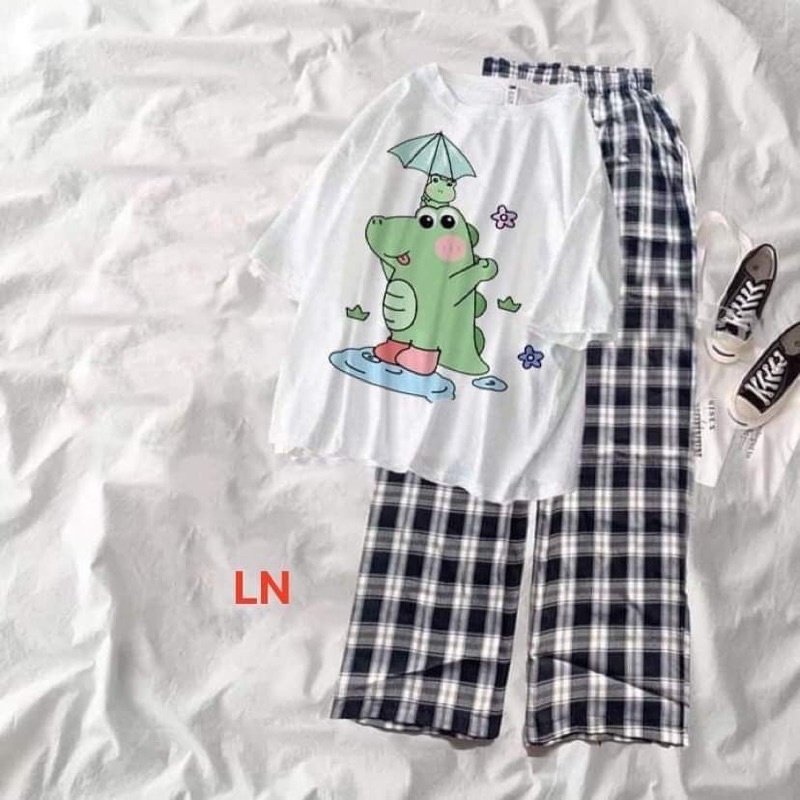 Sét áo khủng Long cầm ô +quần kẻ LN11