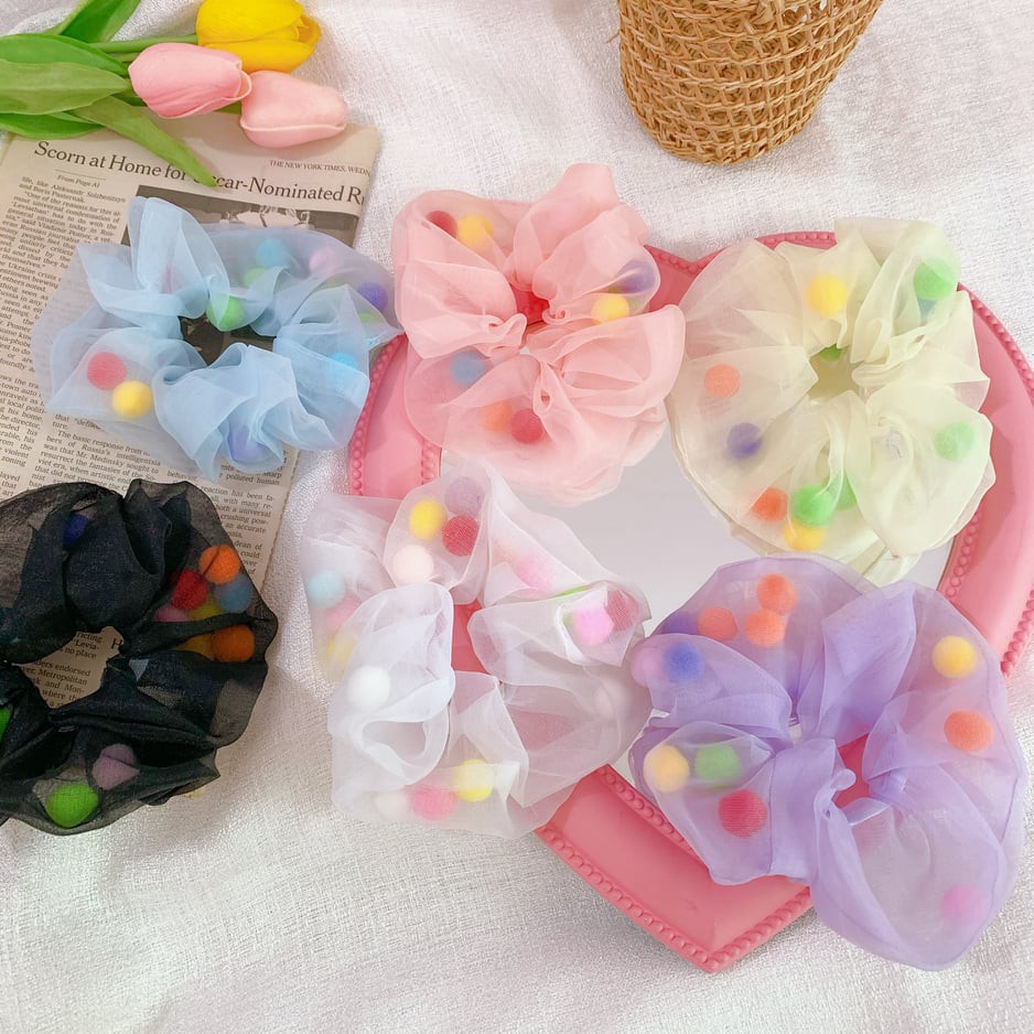 DÂY BUỘC TÓC VẢI SCRUNCHIES RAINBOW POM POM