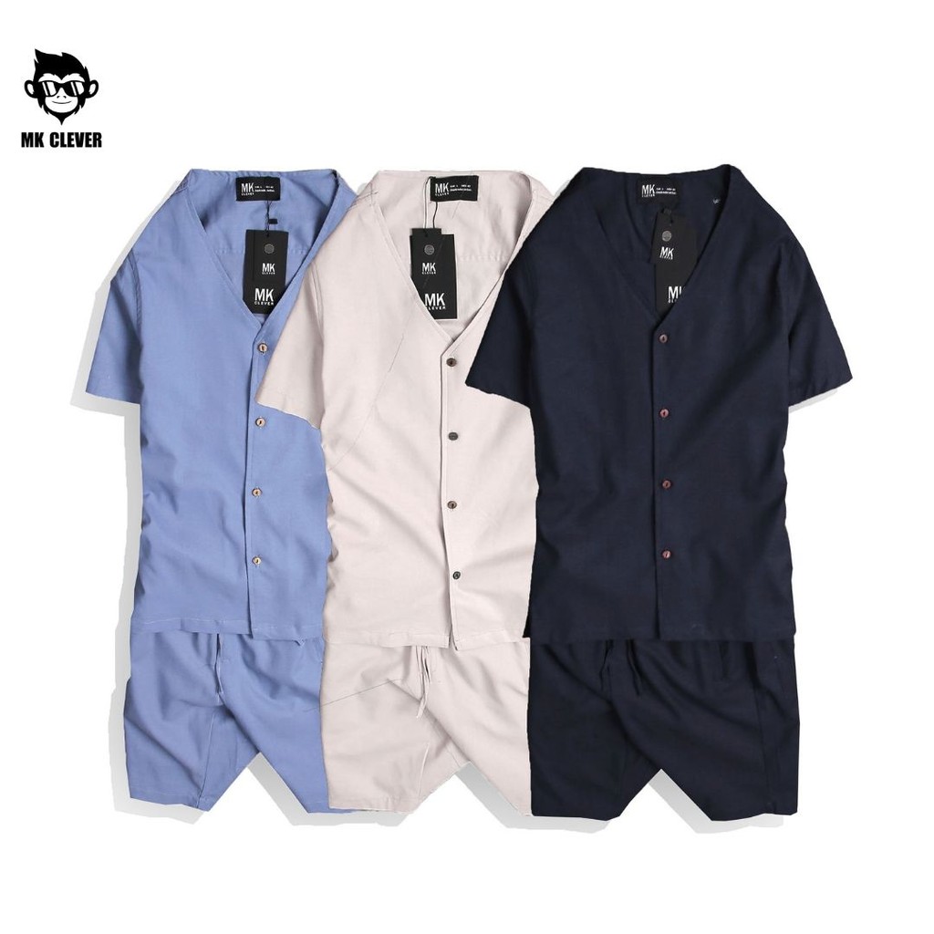 [BST MỚI HÈ 2021]Bộ quần áo nam cổ V MK CLEVER, chất liệu linen co giãn nhẹ, thấm hút mồ hôi | BigBuy360 - bigbuy360.vn