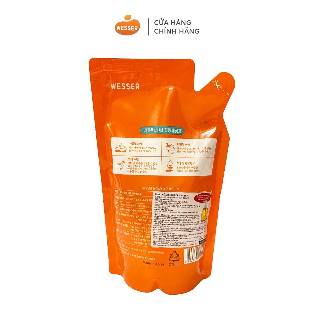 Nước Súc rữa bình sữa, núm vú Bịch Wesser 500ml